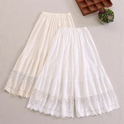 Summer Sweet Mori Girl Lace Embroidery Wide Leg Pants Women Elastic Waist Casual Loose Underpants Cotton Trousers White Black