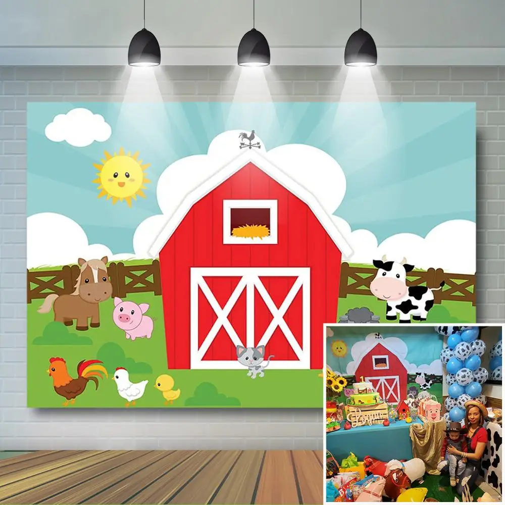 Mocsicka Cartoon Farm Birthday Backdrop Red Farm Barnyard Baby Shower Background Farm Animals Children Birthday Party Banner