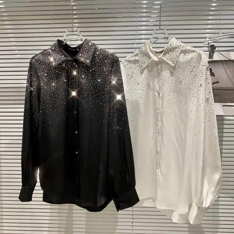 Spring Autumn Fashion Starry Sky Water Diamond Gradient Shirt Female Lapel Long Sleeve Single-breasted Blouse Tops Women
