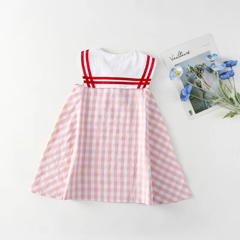 2024 Plaid Preppy Style Girl\'s Dress Sailor Collar Sleeveless Clothing Stripe with Lace Up Sweet Girl Kids Causal Vest Dresses