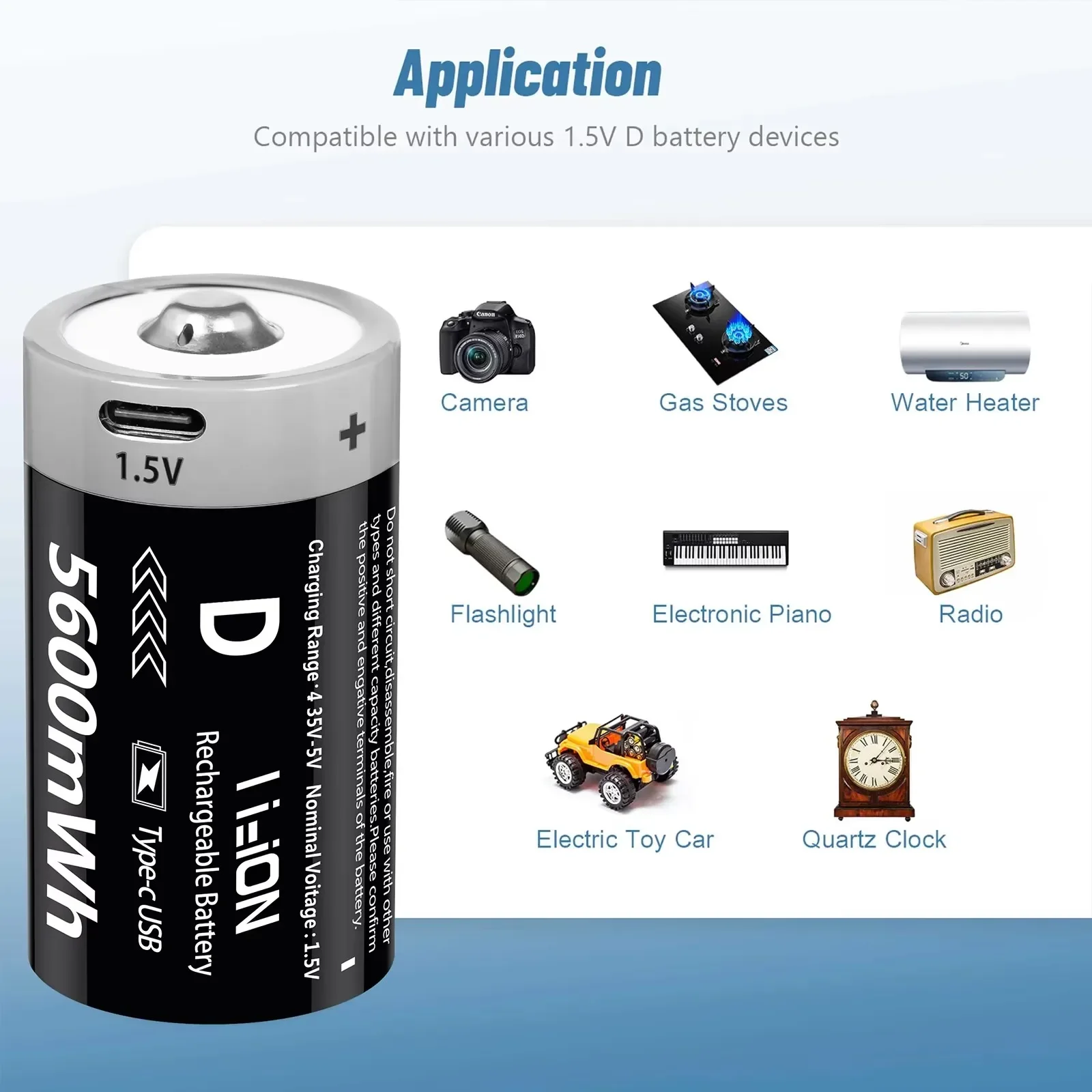 Kuugro USB D Size Rechargeable Battery 1.5V 5600mW LR20 Lithium-ion D-Cell Battery for Gas Cooker Water Heater Flashlight Radios
