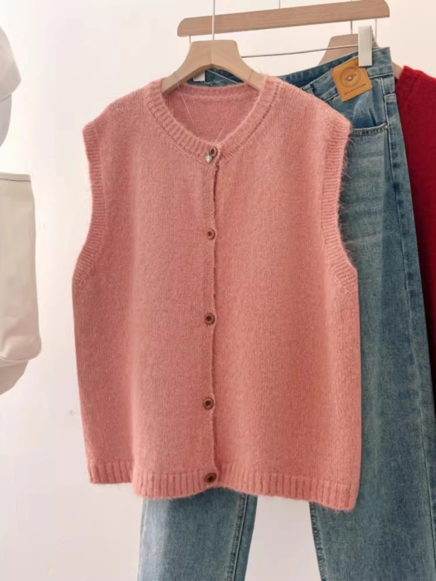 

Korean Sle Pink Knitted Open Cardigan Vest Women's plus Size Spring Early Season Super Beautiful Layering Vest Trend