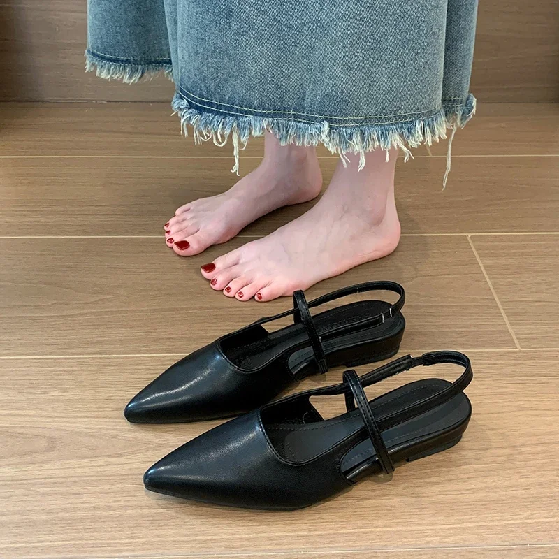 French Retro Style Pointed Sandals Women's Shoes 2024 Summer One line Belt Back Air Flat Bottom Women's Single Shoes