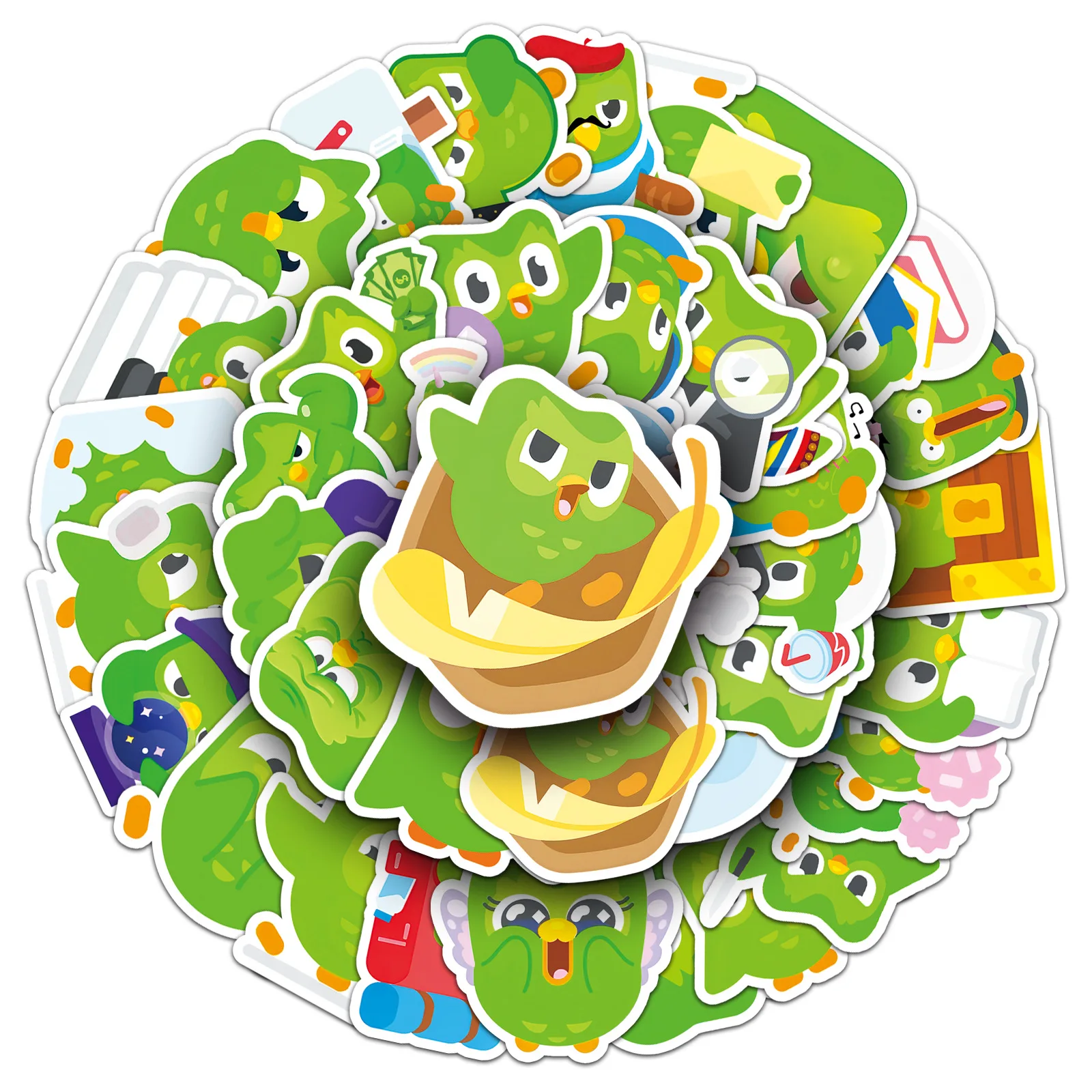 50PCS Cute Duolingo Cartoon Stickers Language Learning Decoration Green Owl Graffiti DIY Kids Toys Laptop Guitar Car Bike Decals
