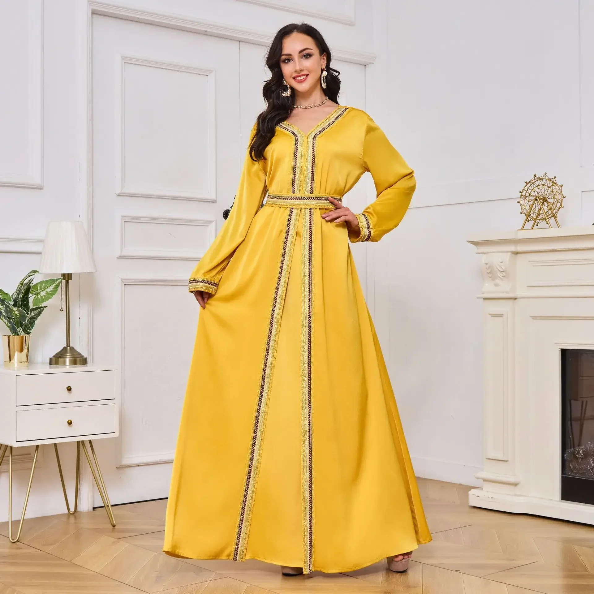 Robe musulmane à manches longues pour femmes, caftan marocain, cardigan islamique, abaya de Dubaï, robe de soirée fendue, jaune, arabe