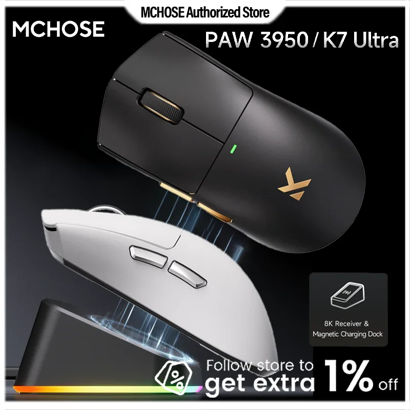 MCHOSE K7 Ultra Gaming Mouse Beast Mod 8kHz Polling Rate RGB Charging Base 2 in 1 Dongle Ice Coating PAW3950 Optical Switch