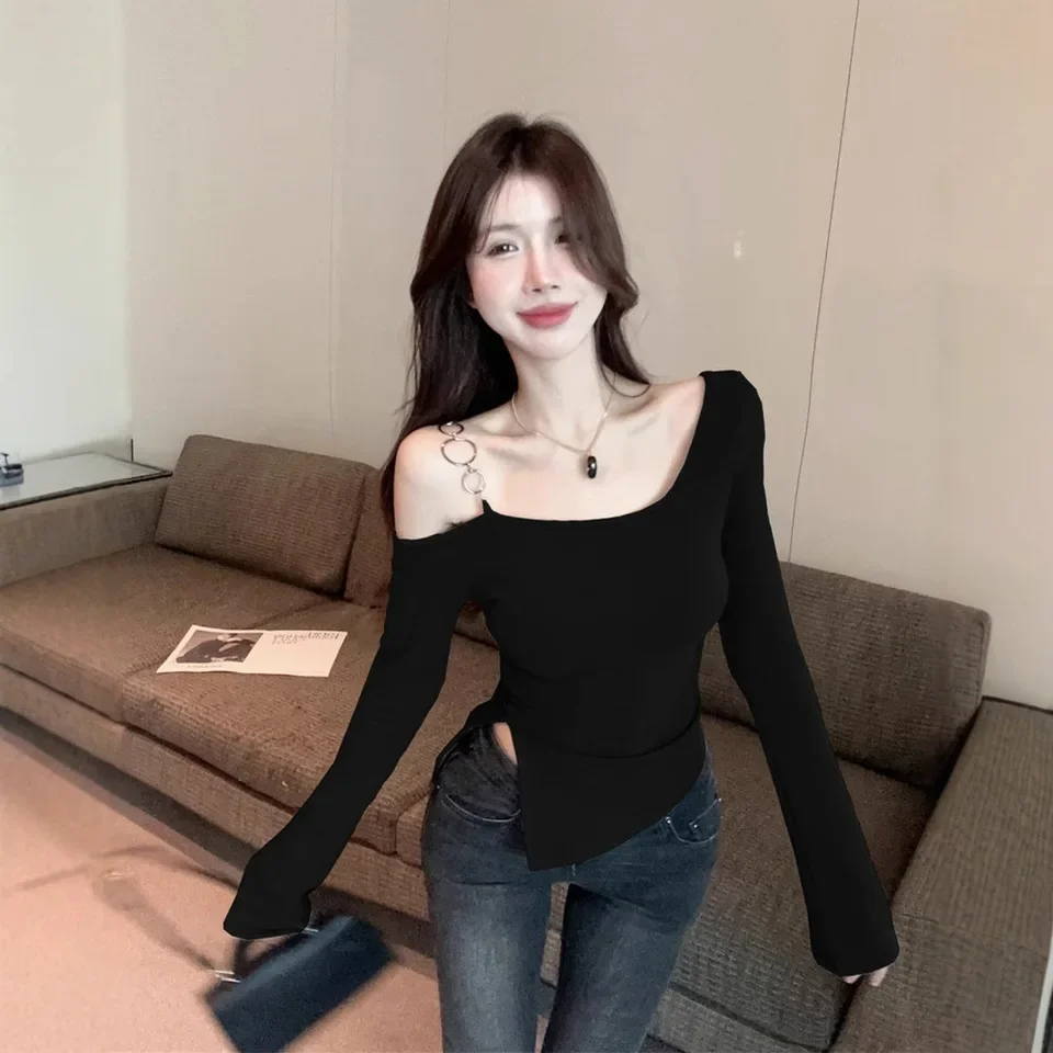 

New Pure Desire Off-The-Shoulder Slimming T-Shirt Sexy Design Sensibility Long Sleeve Top for Women Slit Slim T-shirt