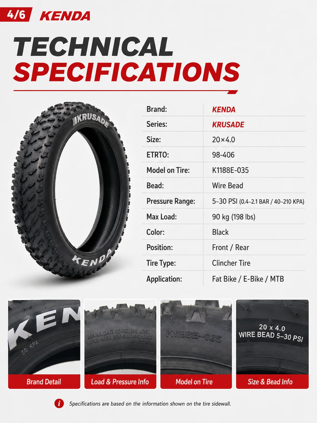 Kenda K1188 Krusade Fat Tire 20x4.0 Fahrradreifen 20"x4.00 Drahtreifen SRC Schwarz Fatbike-Reifen für MTB Schnee Strand Offroad – Detail 3