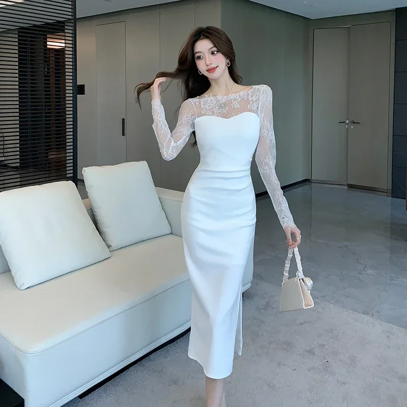 

2025 Elegant White Lace Stitching Sheer Sleeve Slim Fit Long Midi Dress Vintage Formal Party Club Wedding Long Sleeve Clothes