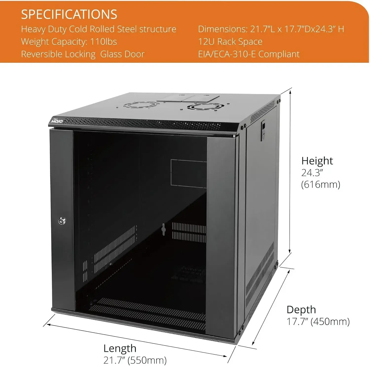 12U Wall Mount Server Cabinet IT Network Rack Enclosure Lockable Door and Side Panels Black,Cooling Fan,Glass Door,17.7inch Dept