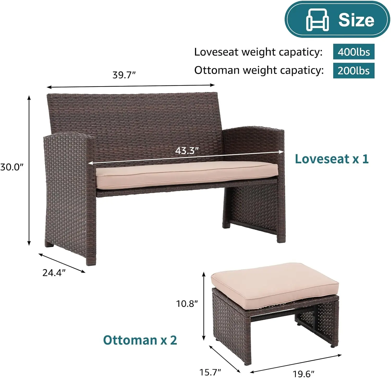 Loveseat-Conjunto de muebles de Patio para exteriores, conjunto de conversación al aire libre, mimbre para todo tipo de clima, asiento de amor con otomana/mesa lateral, 3 piezas