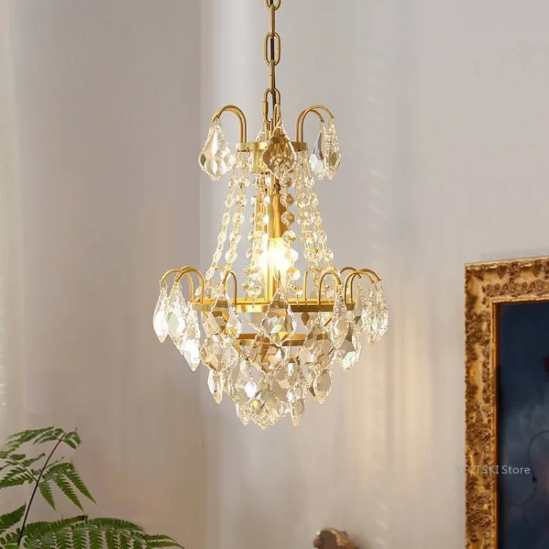 

French romantic retro all copper crystal chandelier, medieval light luxury bedroom, bedside, hallway, foyer, dressing room