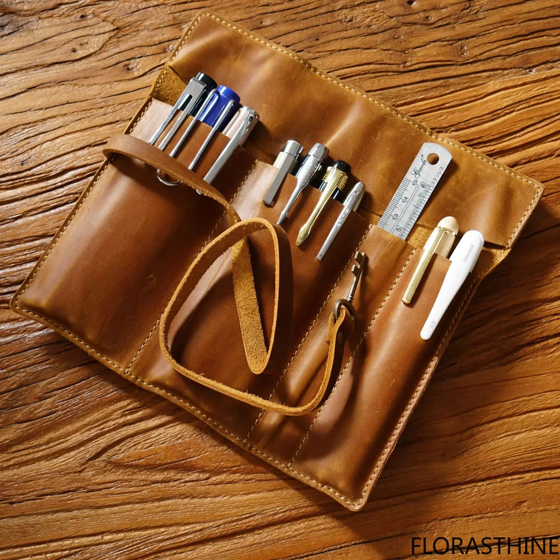 Retro First Layer Cowhide Pen Curtain Leather Pen Bag Literary Simple Curtain Multi-functional Pencil Roll Bag Pencil Cases