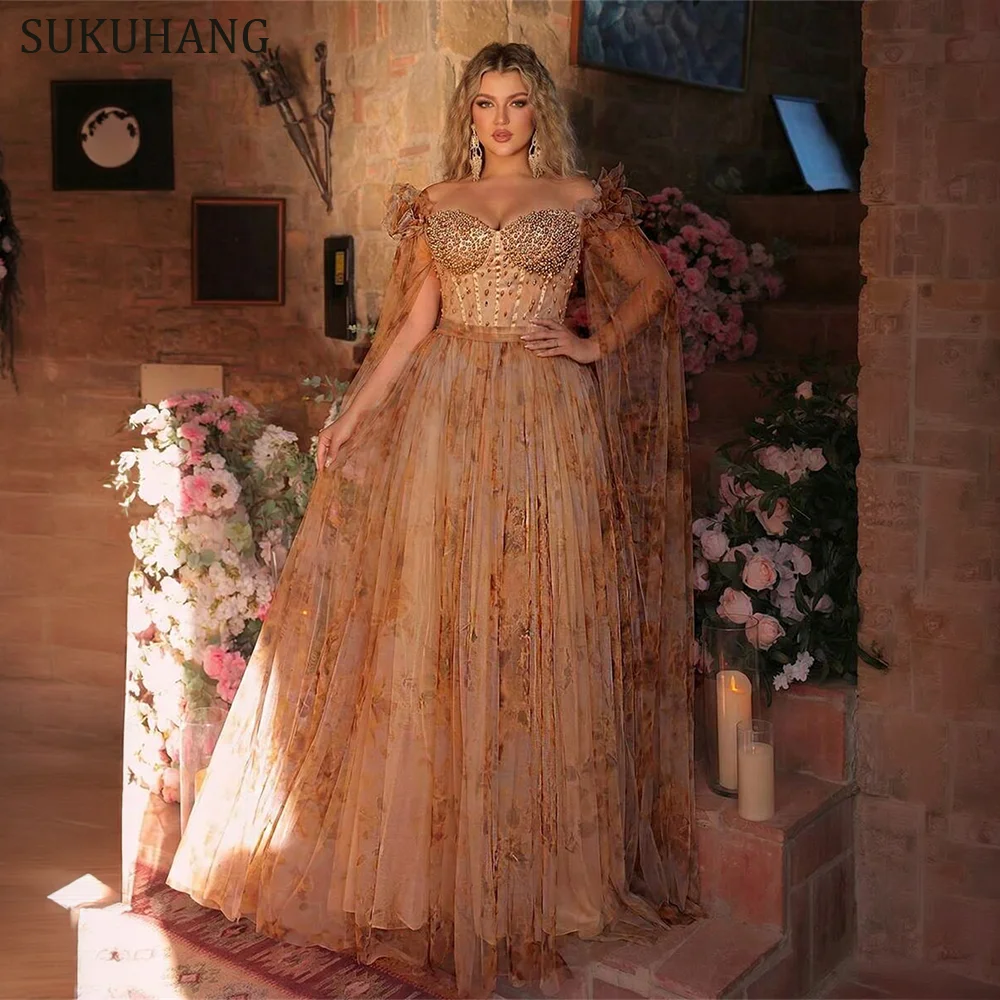 

Customized Off Shoulder Ball Gown Evening Dress Cape Sleeves Crystal Beaded Floral Print Tulle Formal Prom Gown for Women Party