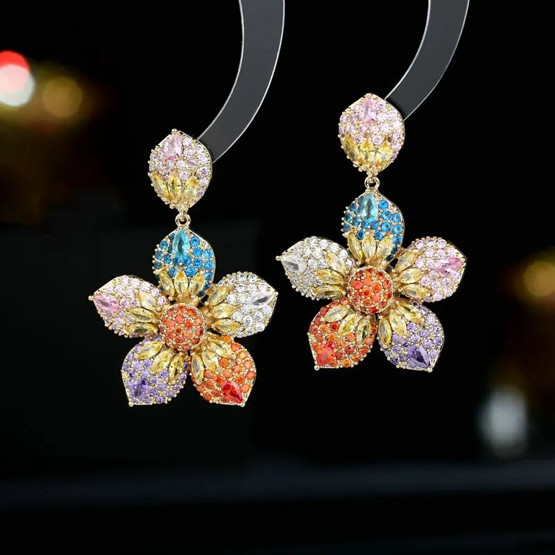 

OKILY Exaggerated Shinying Colorful Zircon Flower Dangle Earring Elegant Temperament Wedding Banquet Dress with Flower Earrings