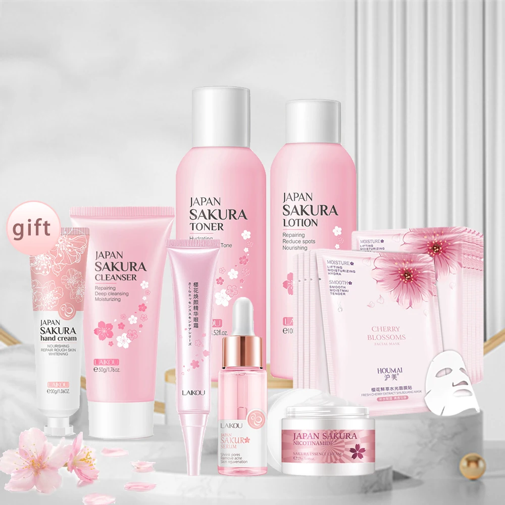 Facial Products Kit Sakura Skin Care Set Facial Cleanser Face Cream Fade Dark Circles Eye Cream Korean Skincare Products