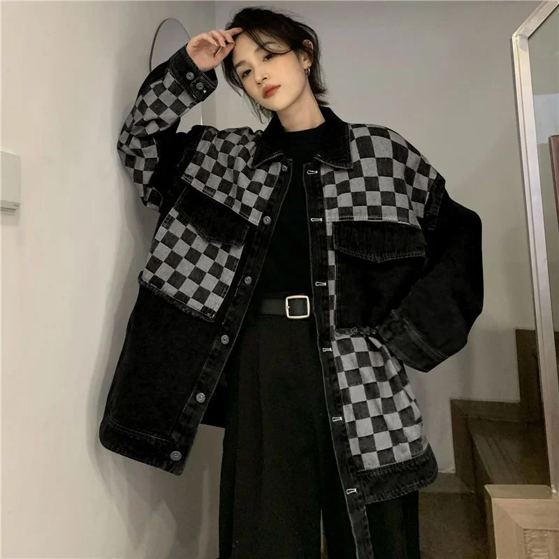 Deeptown Denim Jacket Women Oversized Korean Fashion Streetwear Black Vintage Plaid Jeans Jackets Chic Elegant Gothic Loose Coat