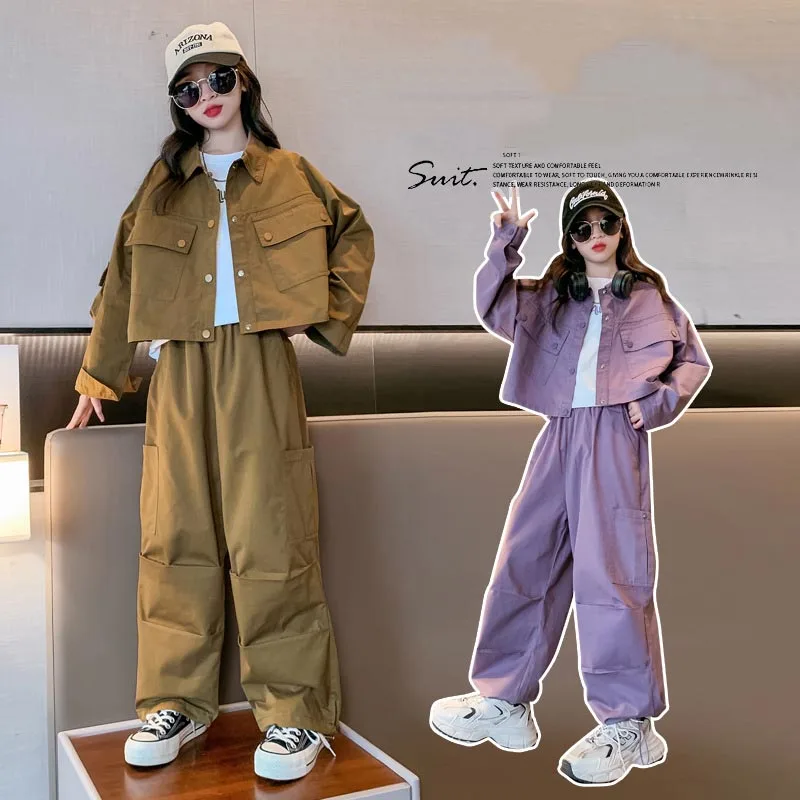 2024 Korean Spring Autumn Junior Girl Tracksuit Teenager Girl Single-breasted Sport Coats+Cargo Pants School Girl Sport Suit