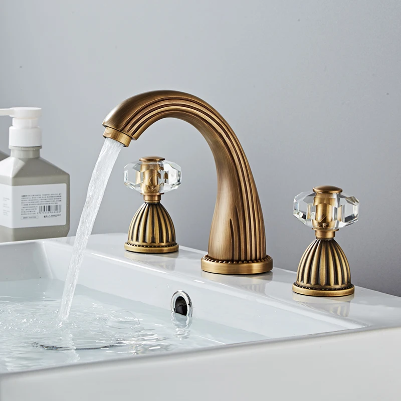 Widespread Basin Faucet Three Hole Sink Tap Brass gold Crystal Handle Fasion Elegent looklike Hot and cold 8 Inch