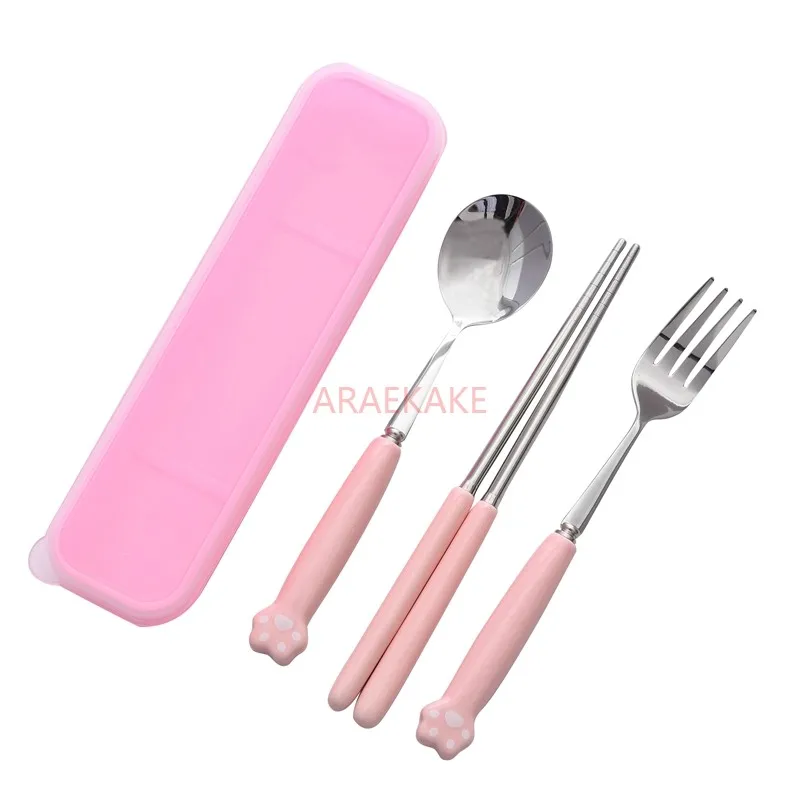 

Cartoon cutlery fork spoon chopsticks children's cute stainless steel travel portable set box