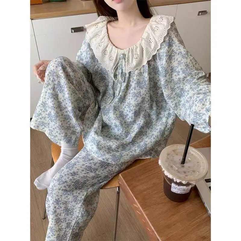 

HOT lace pajamas the Spring and Autumn Annals new sweet floral loose long sleeves pants lace homewear suit dopamine new style