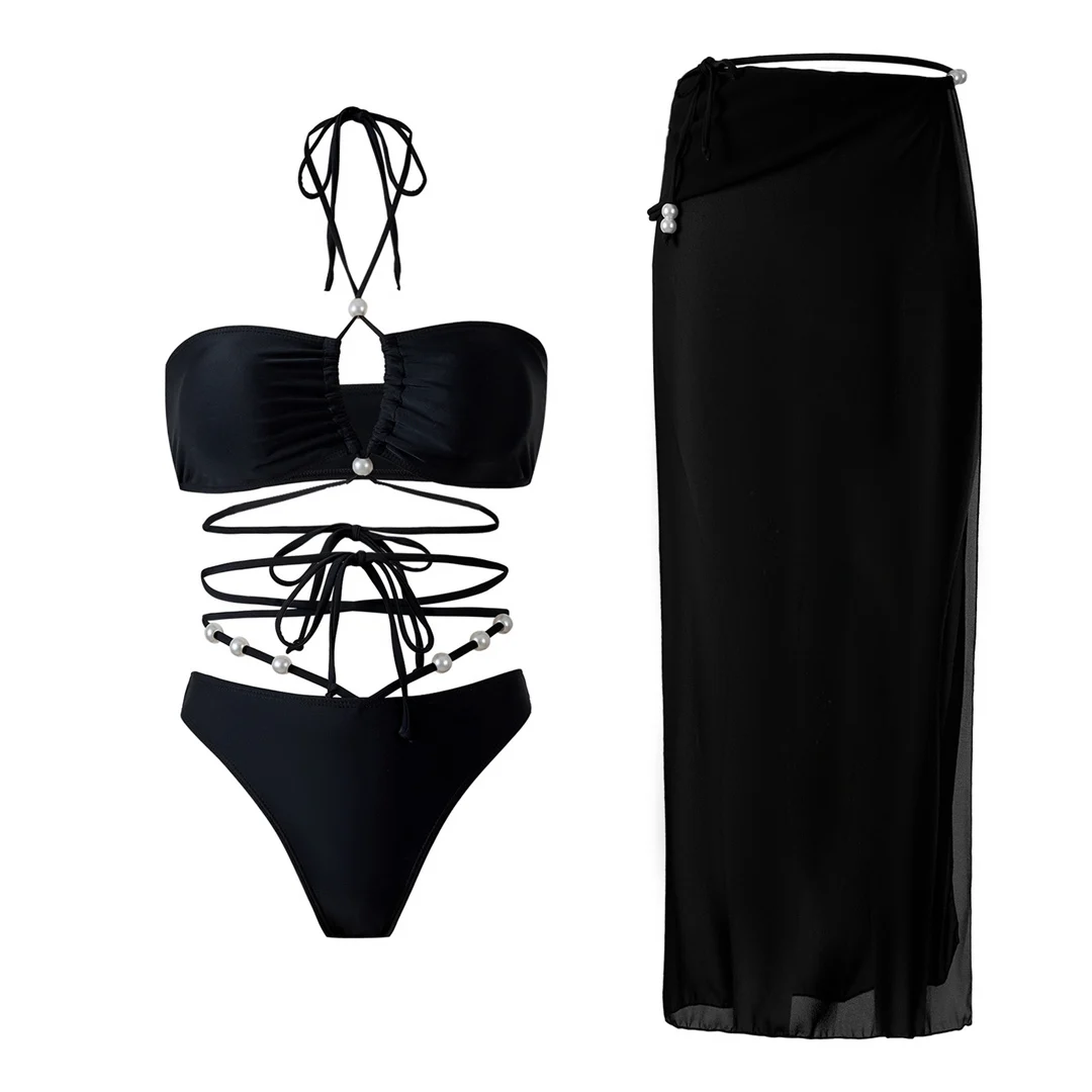 Perlenbesetzter Wickel-Bikini mit Rock, Damen-Badeanzug, dreiteiliges Bikini-Set, Badebekleidung, Badeanzug, Modell V6098 – Detail 11