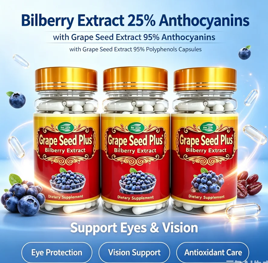 3Bottles Bilberry Extract 25% Anthocyanins with Grape Seed Extract 95% Polyphenols Capsules