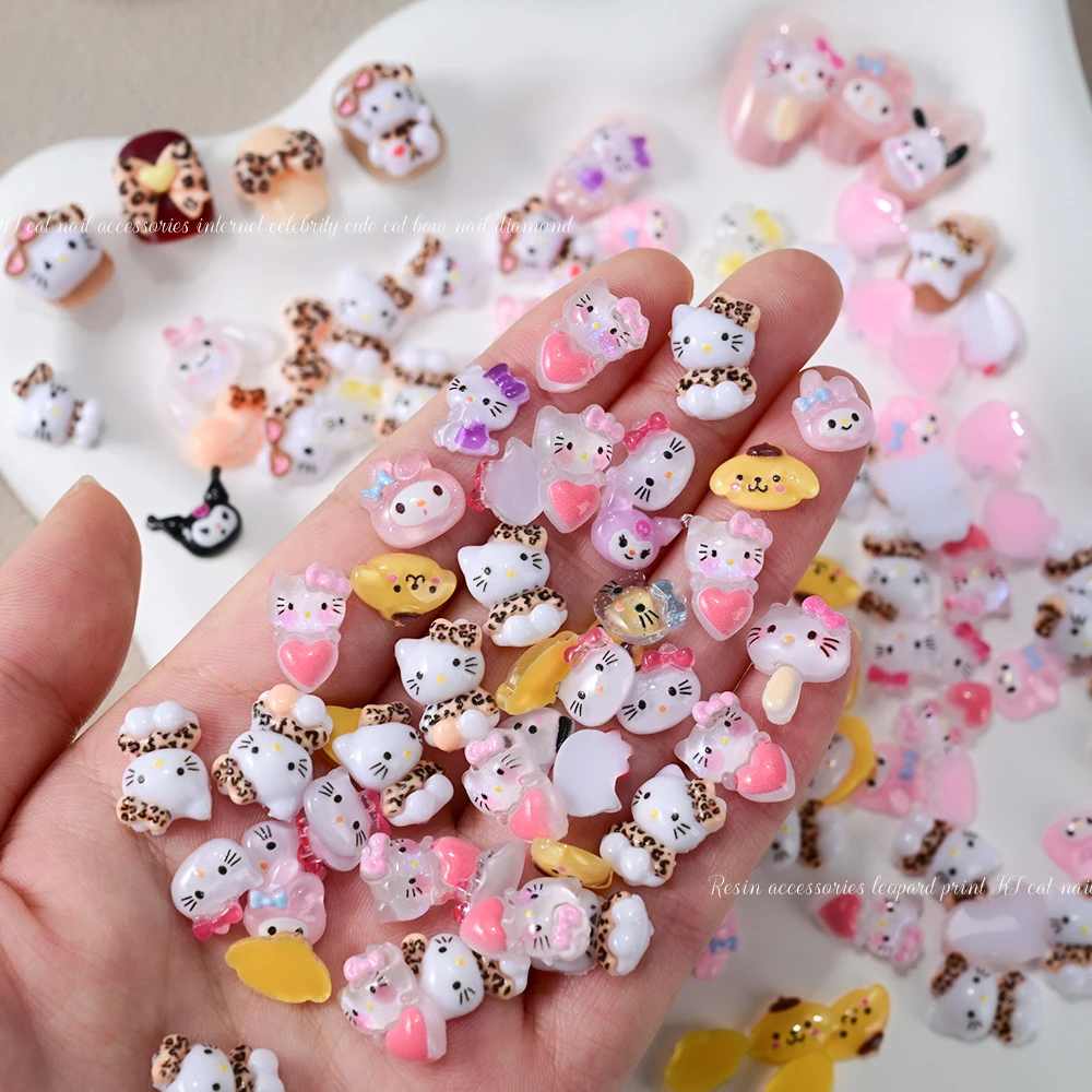 50 Uds. Mini abalorio de uñas con estampado de leopardo 3D de Hello Kitty, lazo de leopardo Kawaii, estrella, corazón, diamantes de imitación, cabeza de gato, decoración artística de uñas