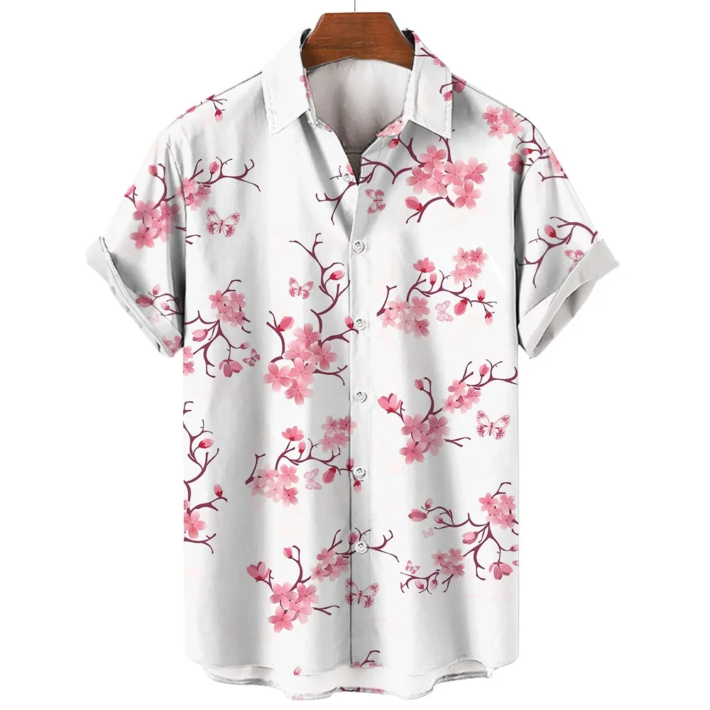 Camisa hawaiana de manga corta para hombre, blusa suelta con botones, ropa informal con flores de melocotón, moda de verano, novedad