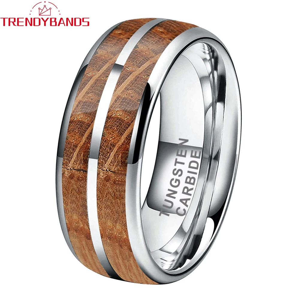 Trendybands 8mm Wholesale Whisky Barrel Oak Wood Inlay Tungsten Carbide Ring for Men Women Fashion Engagement Wedding Band