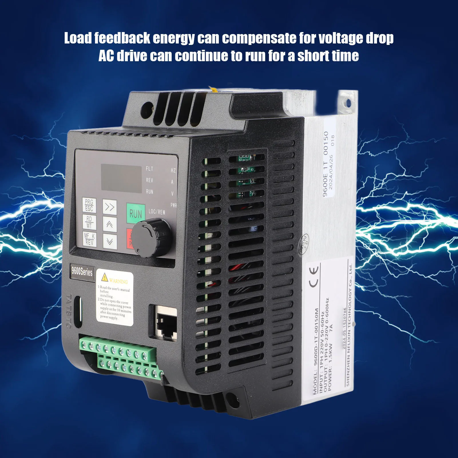 

Motor Converter NFLIXIN Variable Frequency Drive 1PH VFD 1 in 1 Out 220V 1.5KW Motor Converter 9600D‑1T‑00150M VFD Inverter