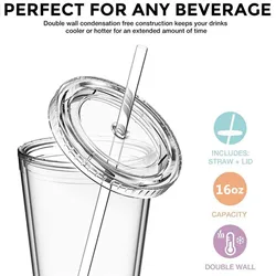 Classic Acrylic Water Cup with Lid and Straw, 16oz Premium Insulated Iced Coffee Cup, Double Wall Reusable Plastic Cup, Clear