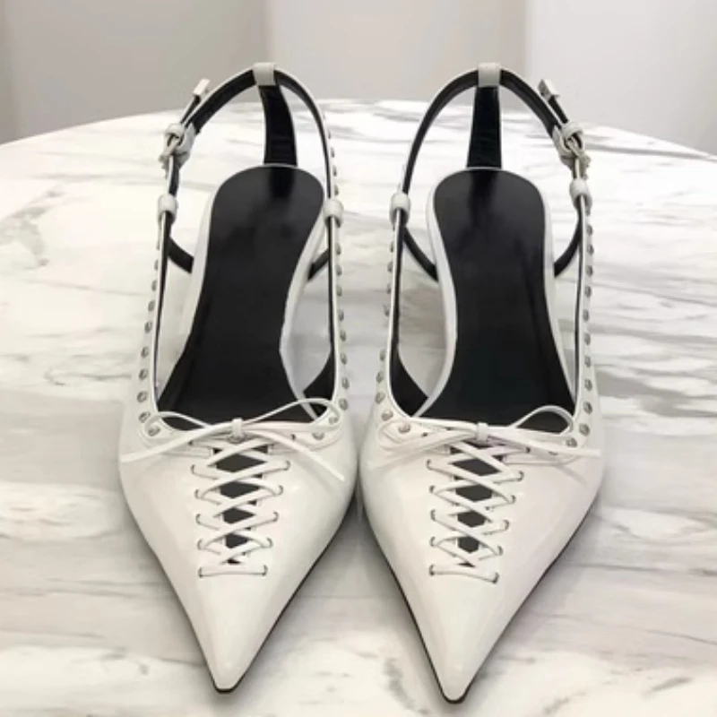 Pointed Cat Heel Pointed Sandals for Women 2023 New Fashion Spicy Girl Riveted High Heels 35-39 White Hollow 12cm/5cmBow Sandals