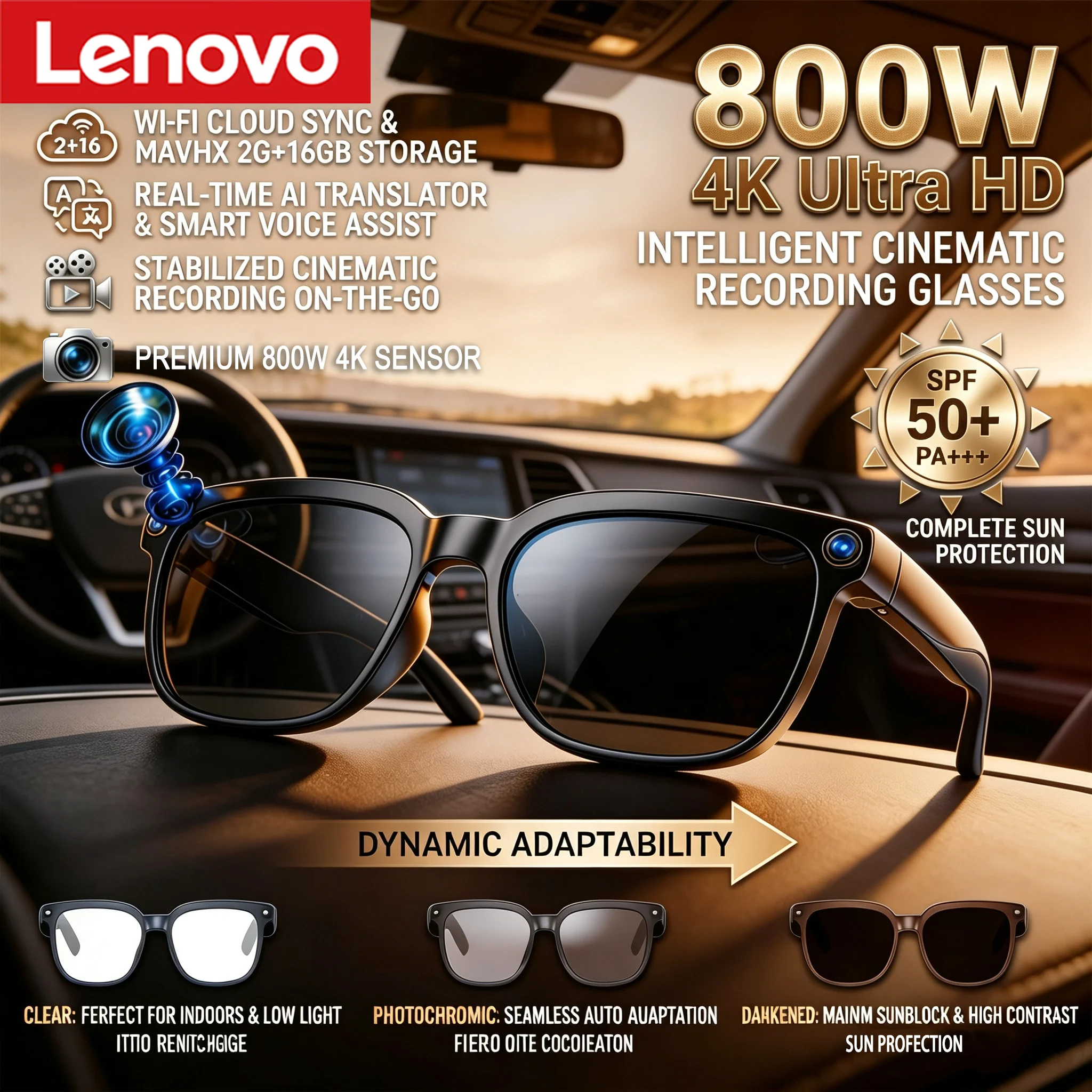 Lenovo 8K HD AI Smart Glasses Men 800W Pixel Camera Bluetooth Call 4GB WIFI Transmission Voice Assistant Smart Glasses 2026 New