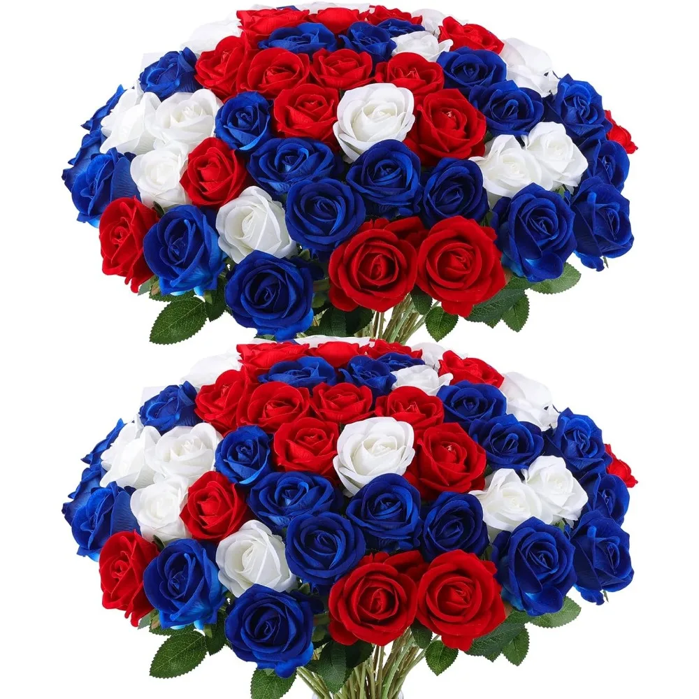 

4th of July Flowers Artificial Roses in Bulk, Patriotic Flowers Independence Day Fake Silk Roses for Cemetery Flower Arrangement