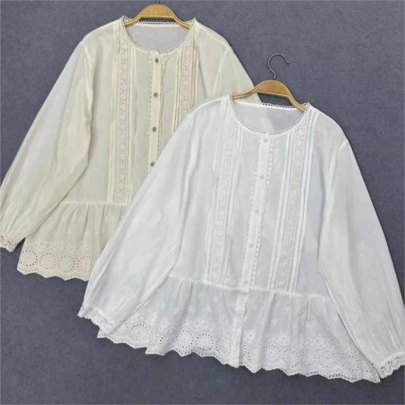 

Johnature Early Spring Japanese Mori Girl Cotton Embroidery Long Sleeve Shirts 2024 New Loose Sweet Ruffles Women Blouses