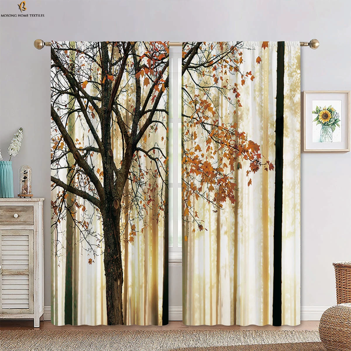 

Autumn Foggy Forest Scenery 3d Printed Curtains Polyester Fiber Rod Pocket Bedroom Living Room Kitchen Curtains 2 Pieces