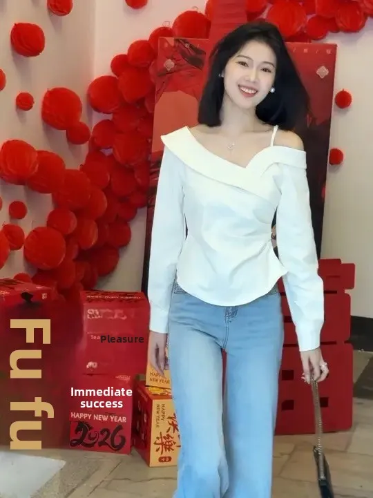 

Ele White Long Sve Women's irt oulder Bared Waist Cinched Spring Design French Sle Cotton Commute Appropriate