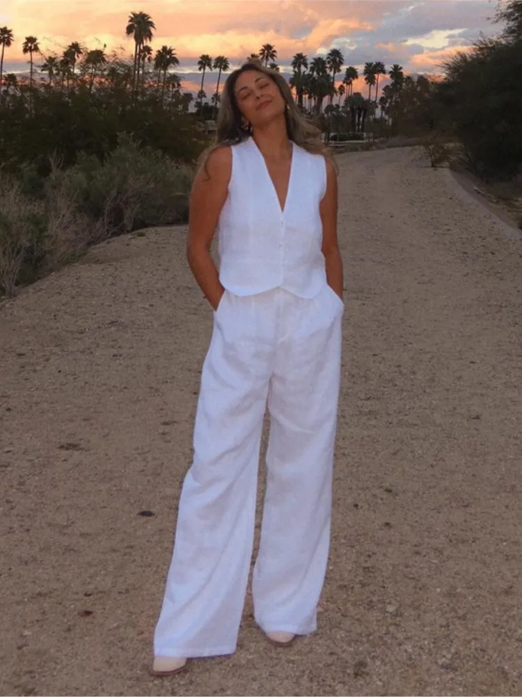

Elegant Women's Two-piece Casual Solid Color Sleeveless Vest Pants Suit 2026 Summer Wide Leg Pants Fashion Women's Office Suit