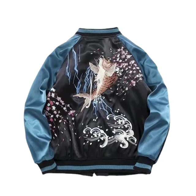 Men's Fashion Hajuku Jacket With Flower Embroidery Loose Fit Varsity Baseball  Coatt Fish Embroidered Outerwear For Male