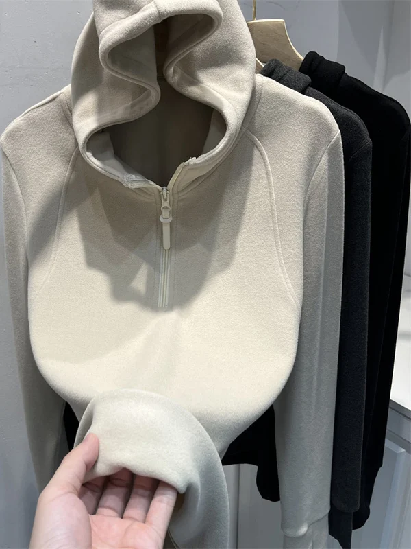 Women's Long Sve Fce-lined Zipper Hoodie Double-sided Brued Thermal Top Casual Comfortable Polyester T-irt