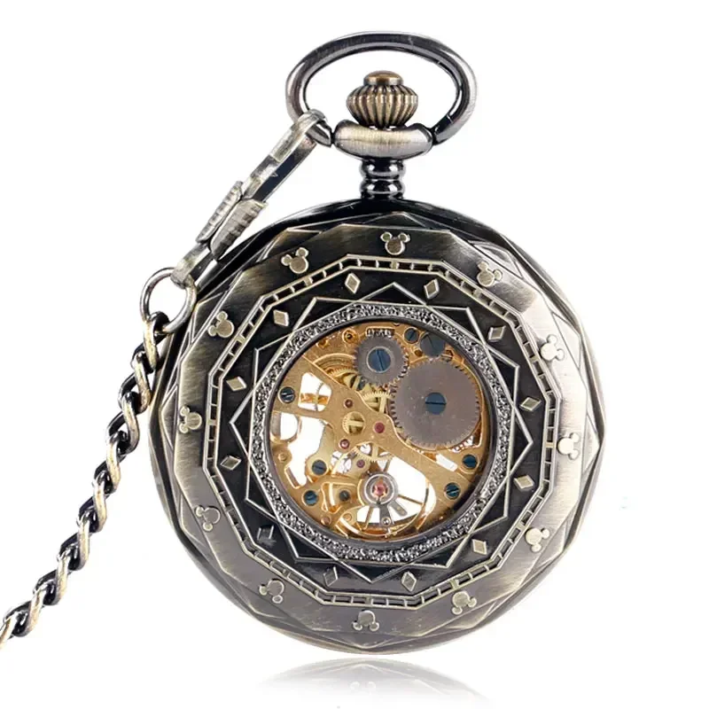 Steampunk Open Face Clock Men Women Skeleton Hand Winding Mechanical Pocket Watch with Pendant Chain Roman Number Timepiece