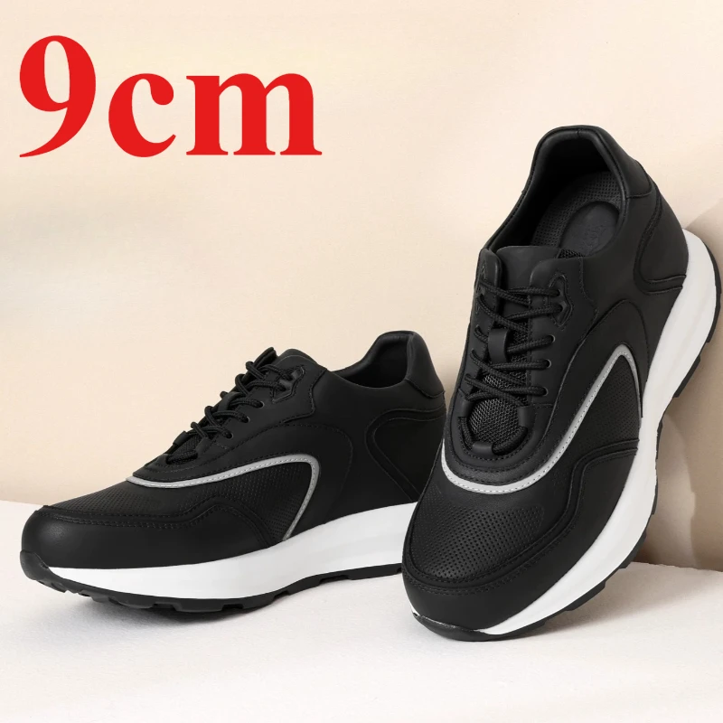 Outdoor Height Increasing Shoes for Men's 9cm Elevator Breathable Thick Soles Sports Board Shoe Genuine Leather Casual Sneakers