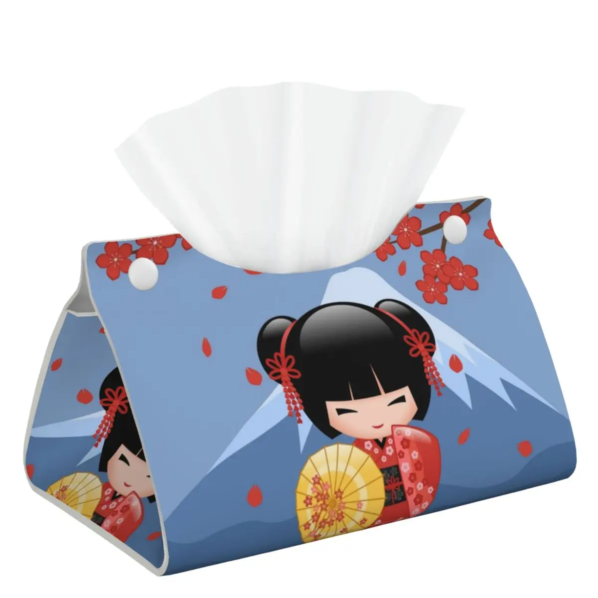 Japanese Red Sakura Kokeshi Doll Tissue Box Cover Decorative Leather Napkin Holder Rectangle Shaped For Office