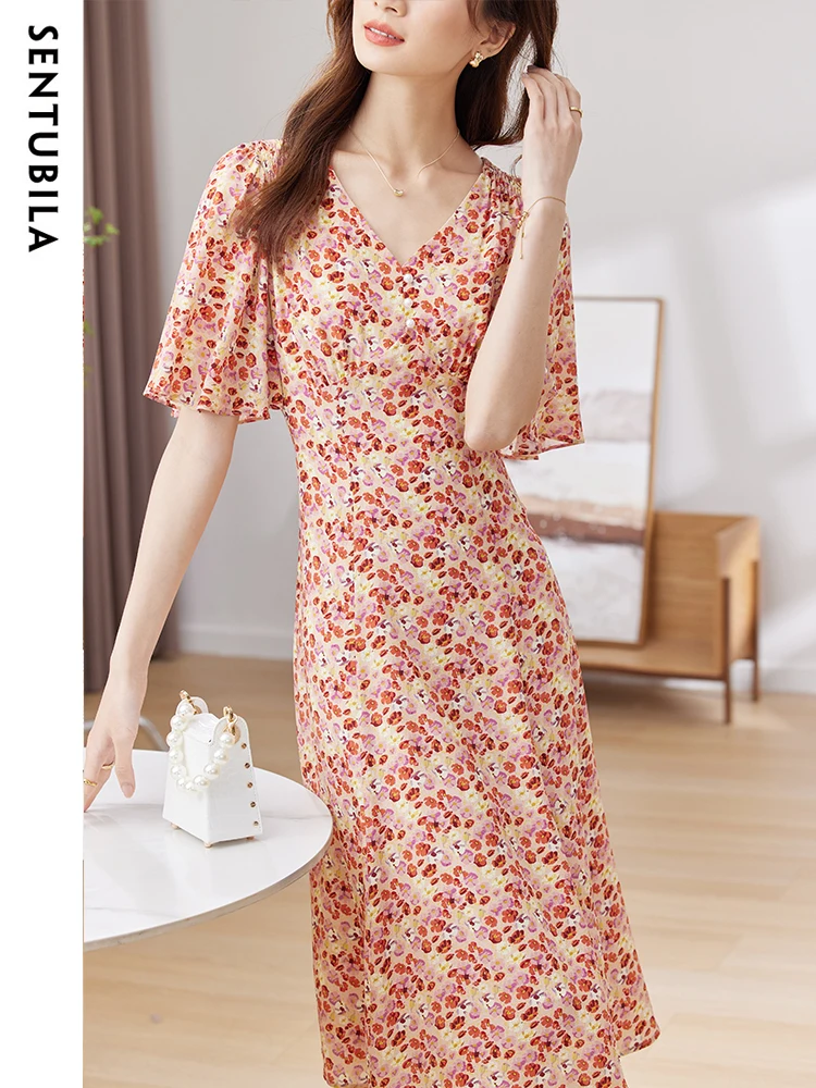 SENTUBILA 100% Mulberry Silk Dresses Women 2024 Elegant A Line V Neck Short Flare Sleeve Slim Waist Vintage Floral Print Dress