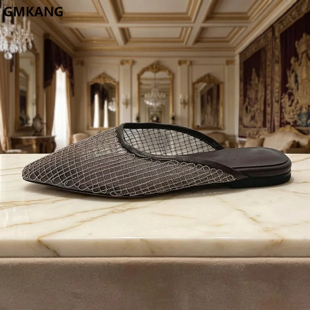 Women Summer Flat Slides Mesh String Bead Chain Mules Square Toe Slip-On Comfy Half Slippers Breathable Casual Beach