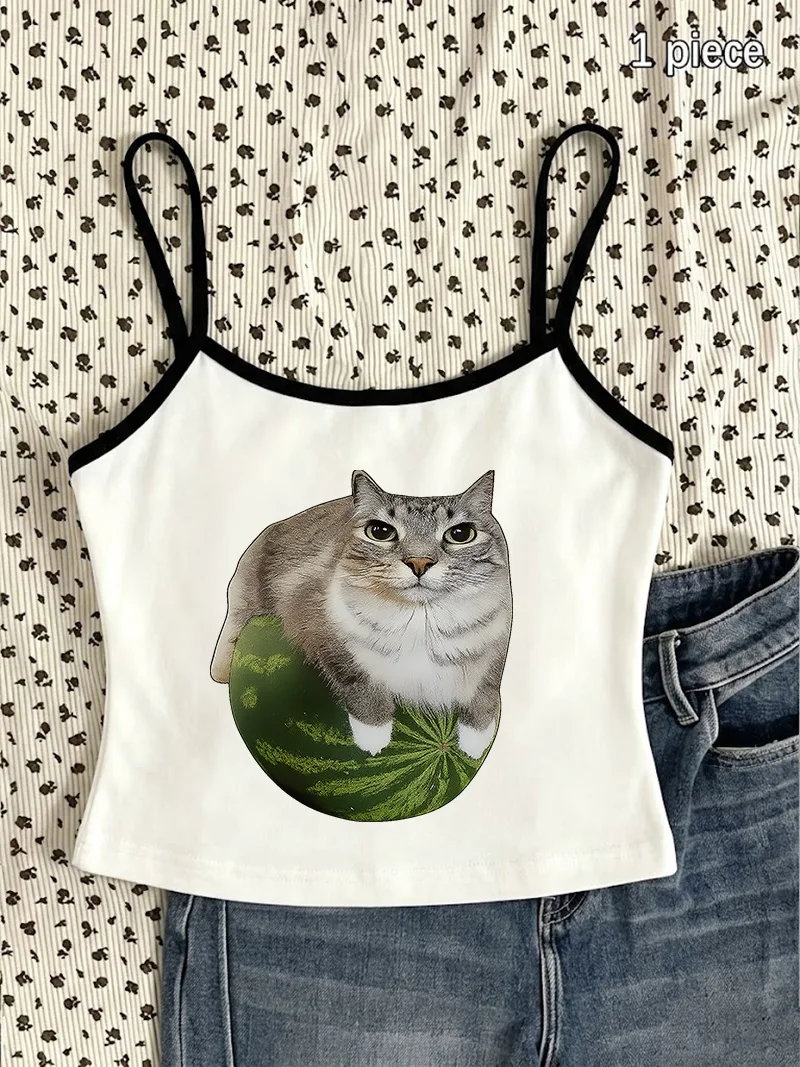 Summer Cute Kitten on Watermelon Girls Casual Funny Cat Camisole Top Casual Crop Top Vest 90s Women'S Tank Top Clothes Women 90s