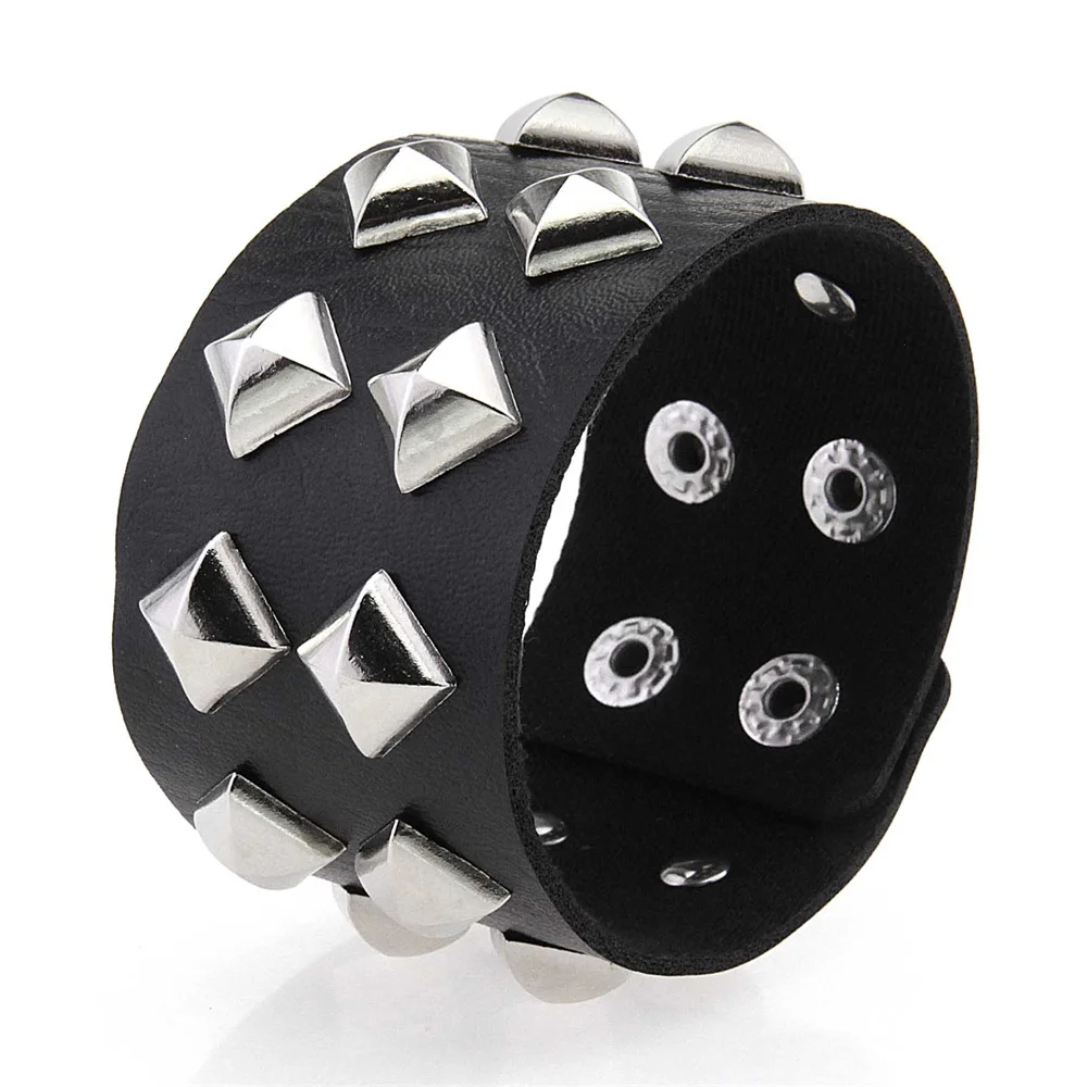 2025 Punk Double Row Square Rivets Stud Wide Cuff Bangles PU Leather Gothic Rock Unisex Bracelet Men Jewelry Leather Bracelet