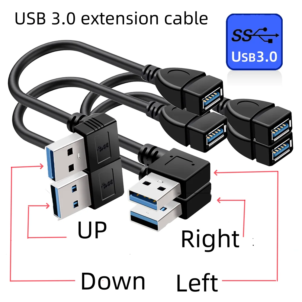 USB 3.0 L-Shaped Elbow Data Cable Up/Down/Left/Right Angle USB-A Male to Female Extension Cord for PC Keyboard Printer U Disksis