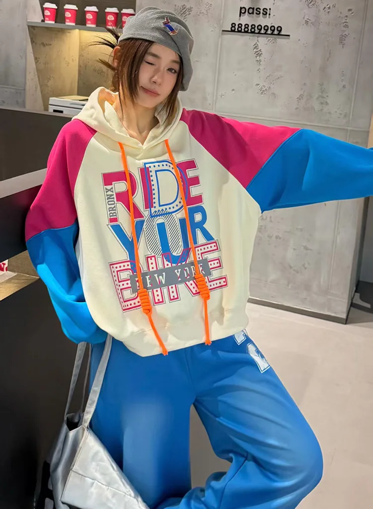 026 Autumn Casual Letter Print Pullover Hooded Sweatershirts Women Patchwork Oversized Tops Y2k Vestidos Bust136cm Streetwears